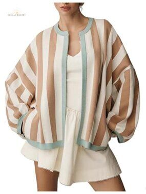 Striped Open Front Cardigan Long Balloon Sleeve Knit Sweater Loose Fit